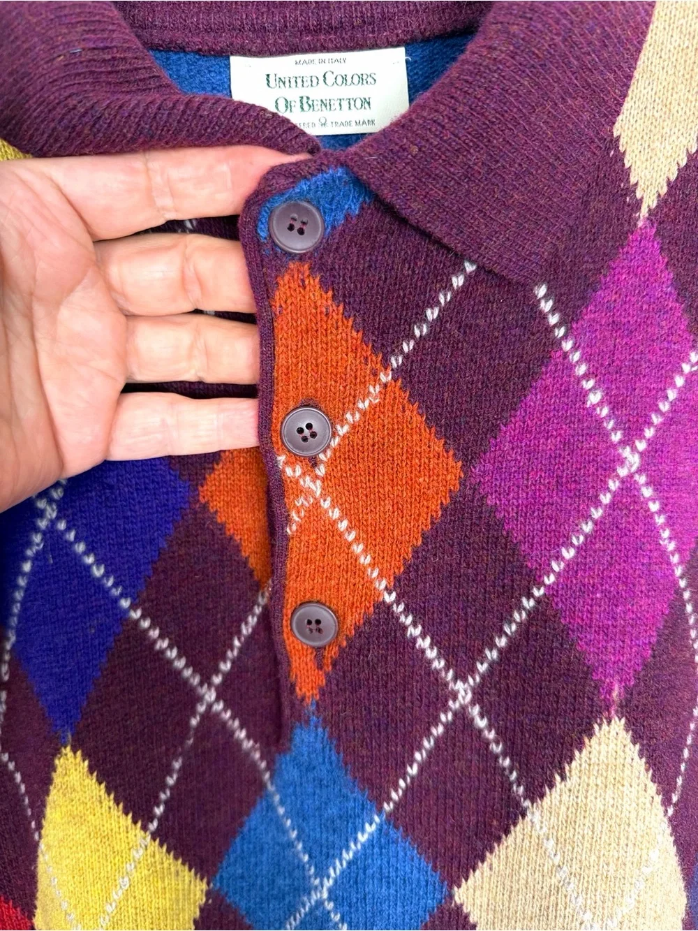 Vintage 1980s Benetton Men’s 52 /L Lambswool Argyle Polo Sweater Made in Italy